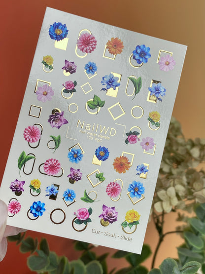 Adesivo per unghie ad acqua 175 Nail WD | Adesivi per unghie a scivolamento ad acqua fiori colorati | Adesivi per unghie ad acqua con cornici geometriche dorate