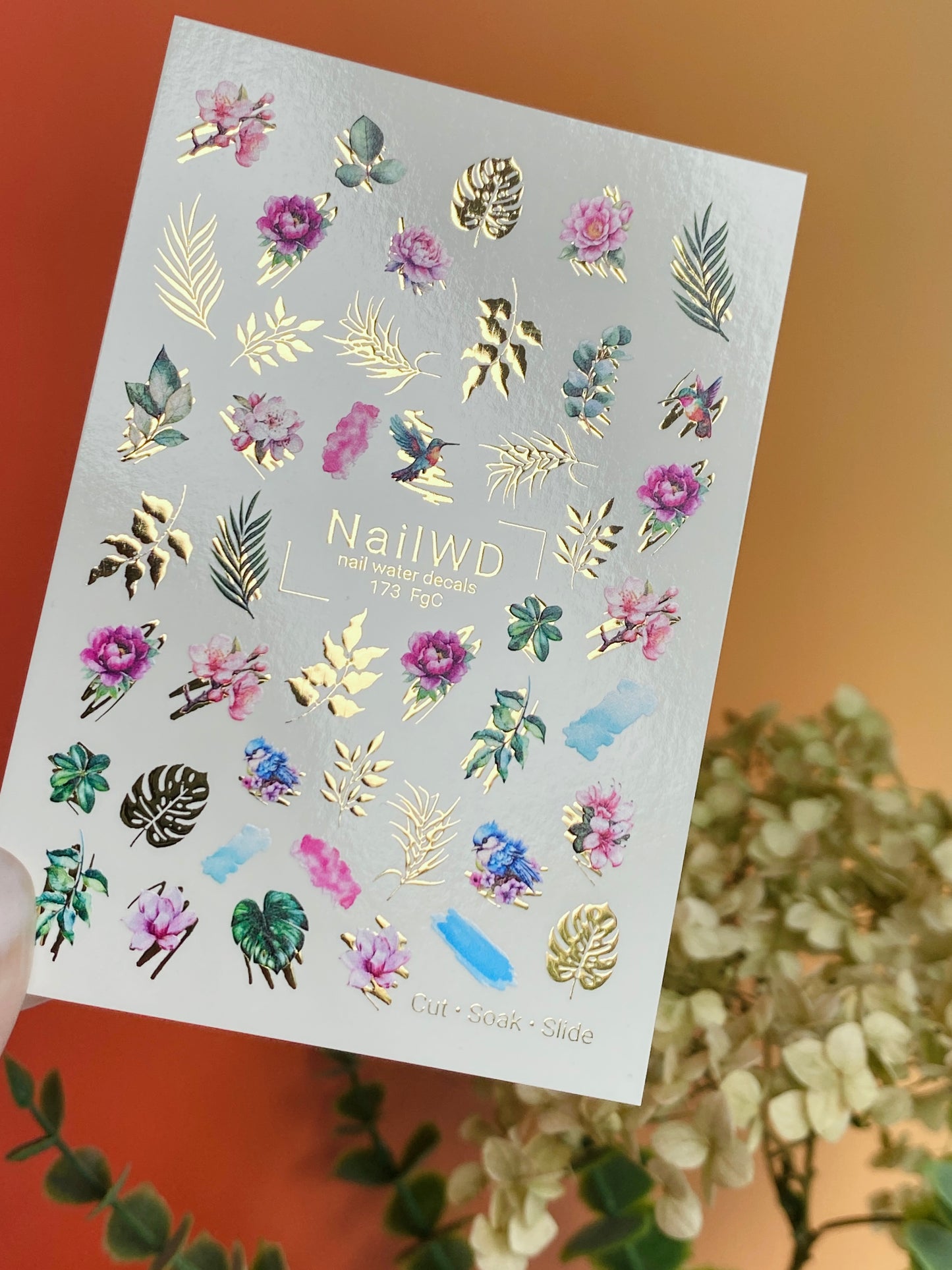 Adesivo per Unghie ad Acqua 173 Nail WD | Adesivi per Unghie a Scivolamento ad Acqua Fiori Tropicali e Foglie | Adesivi per Unghie ad Acqua Design Esotico con Accenti Dorati