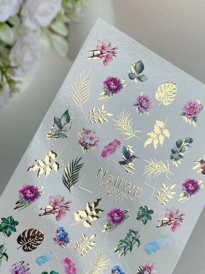 Adesivo per Unghie ad Acqua 173 Nail WD | Adesivi per Unghie a Scivolamento ad Acqua Fiori Tropicali e Foglie | Adesivi per Unghie ad Acqua Design Esotico con Accenti Dorati