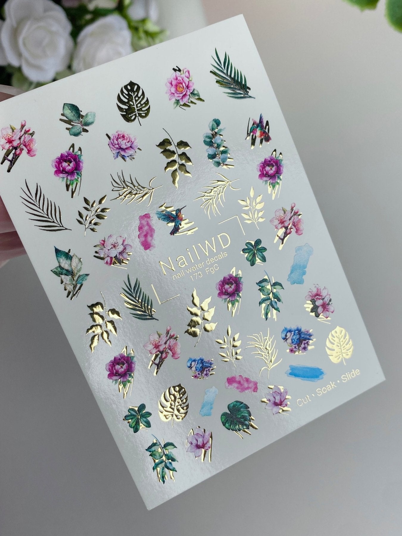 Nail Water Decal 173 Nail WD | Water Slide Nail Decals Tropical Florals and Leaves | Nail Water Decals Exotic Design with Gold Accents