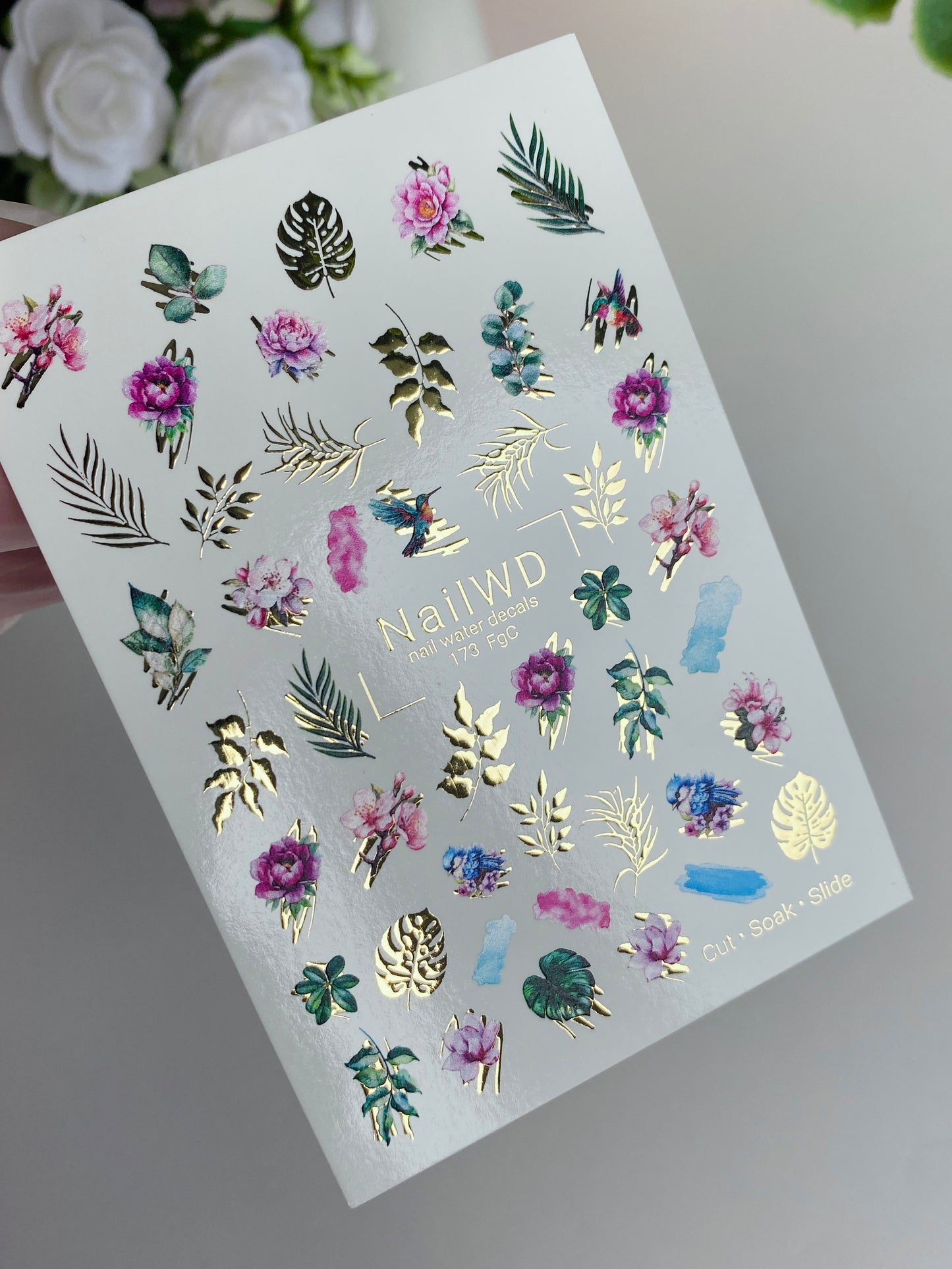 Adesivo per Unghie ad Acqua 173 Nail WD | Adesivi per Unghie a Scivolamento ad Acqua Fiori Tropicali e Foglie | Adesivi per Unghie ad Acqua Design Esotico con Accenti Dorati