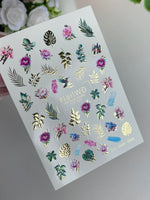 Nail Water Decal 173 Nail WD | Water Slide Nail Decals Tropical Florals and Leaves | Nail Water Decals Exotic Design with Gold Accents