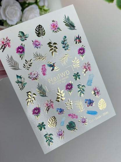 Adesivo per Unghie ad Acqua 173 Nail WD | Adesivi per Unghie a Scivolamento ad Acqua Fiori Tropicali e Foglie | Adesivi per Unghie ad Acqua Design Esotico con Accenti Dorati