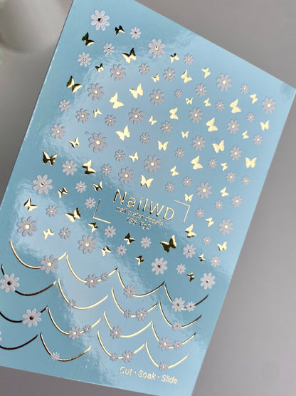 Nail Water Decal 136 NailWD | Water Slide Nail Decals Daisies & Butterflies | White Floral French Design