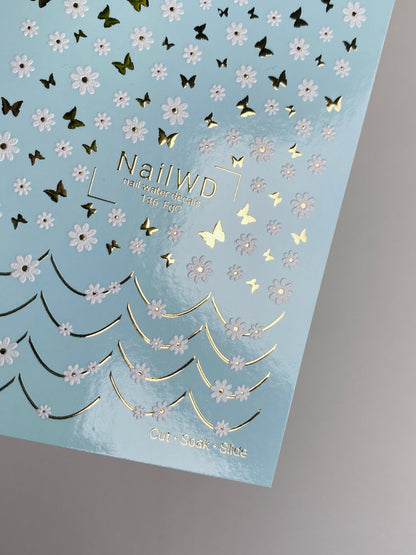 Nail Water Decal 136 NailWD | Water Slide Nail Decals Daisies & Butterflies | White Floral French Design