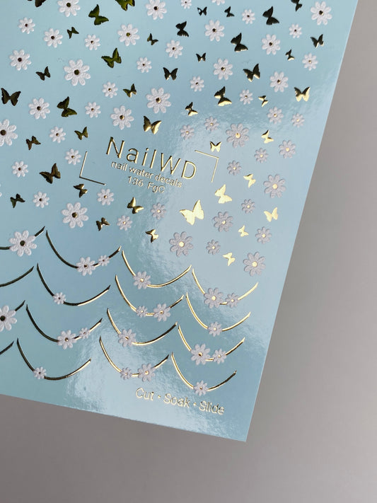 Nail Water Decal 136 NailWD | Water Slide Nail Decals Daisies & Butterflies | White Floral French Design