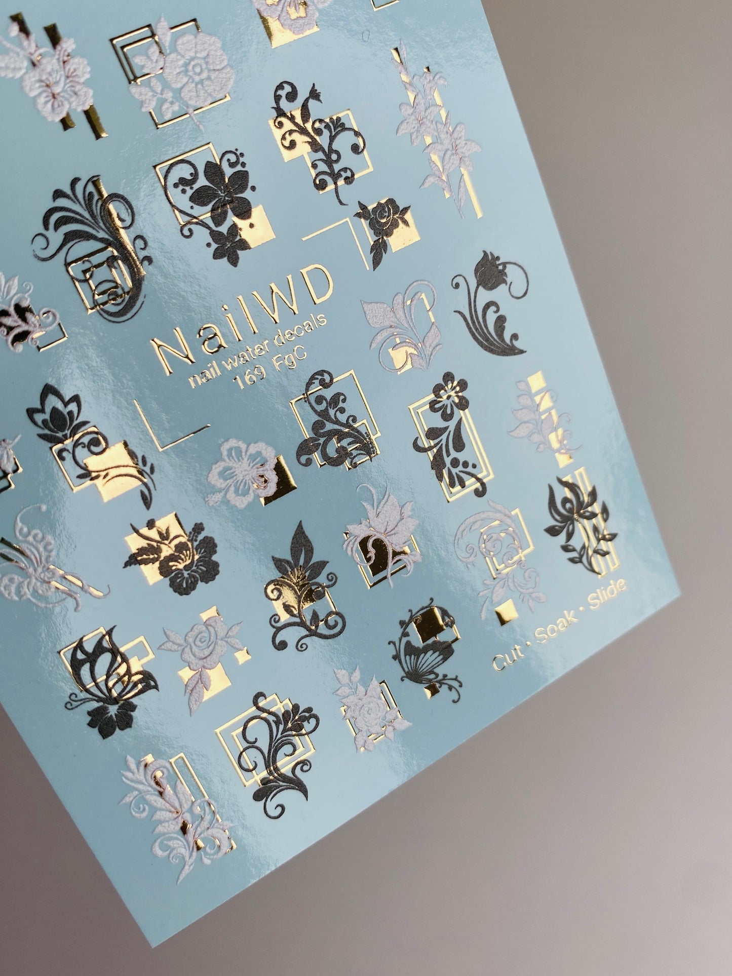 Nail Water Decal 169 Nail WD | Water Slide Nail Decals Baroque Flowers & Frames | Nail Water Decals Black White Gold Design