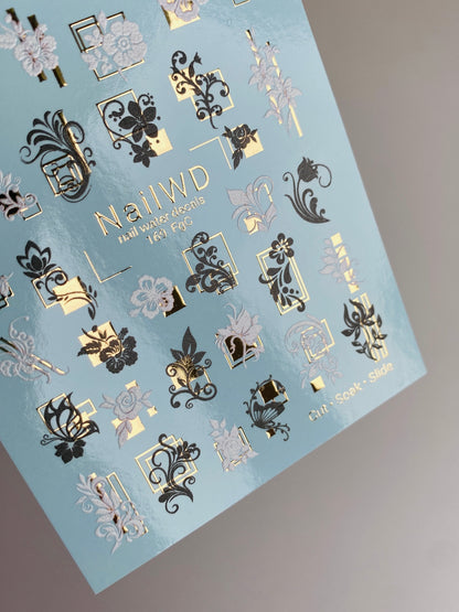Nail Water Decal 169 Nail WD | Water Slide Nail Decals Baroque Flowers & Frames | Nail Water Decals Black White Gold Design