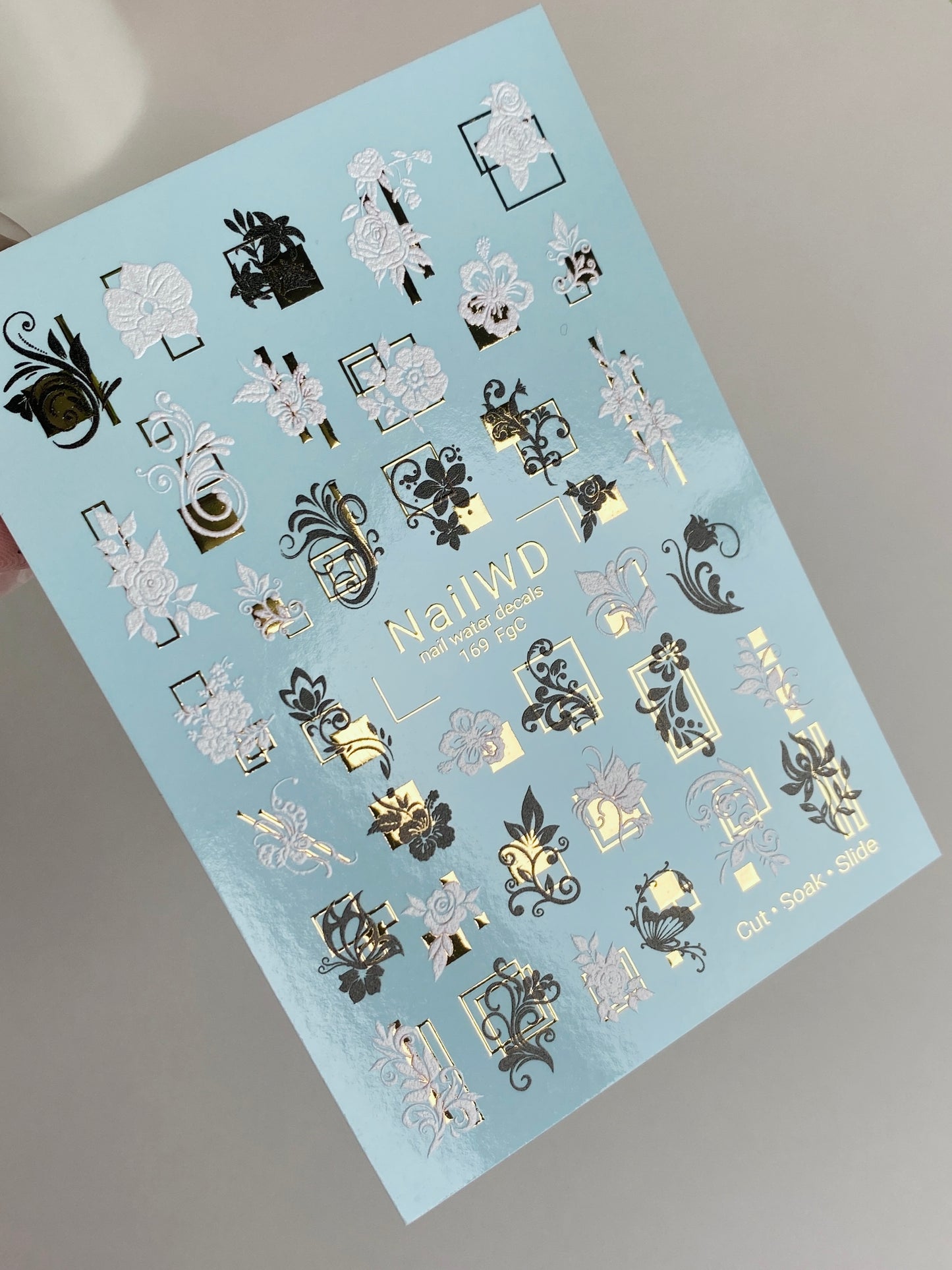 Nail Water Decal 169 Nail WD | Water Slide Nail Decals Baroque Flowers & Frames | Nail Water Decals Black White Gold Design