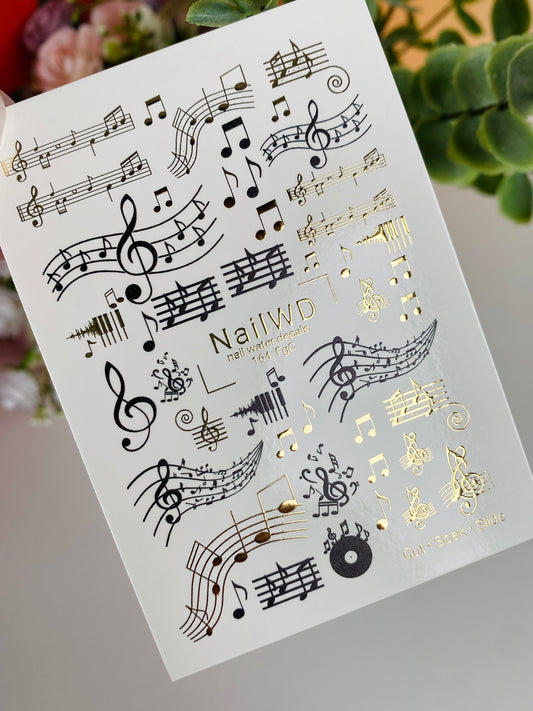 Nail Water Decal 164 Nail WD | Water Slide Nail Decals Music Notes and Golden Clefs | Nail Water Decals Musical Theme Design