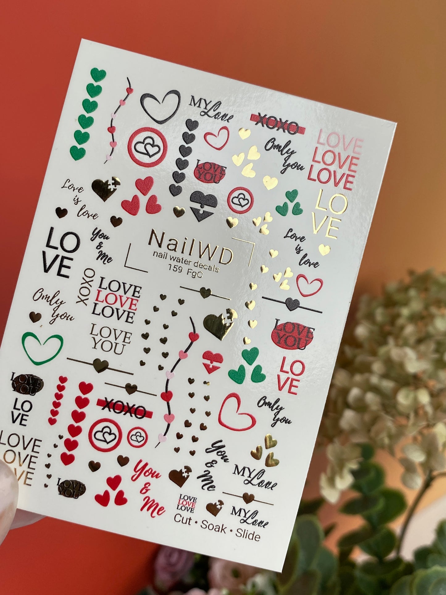 Nail Water Decal 159 Nail WD | Water Slide Nail Decals Love Letters | Nail Water Decals Valentine Hearts Design