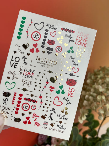 Nail Water Decal 159 Nail WD | Water Slide Nail Decals Love Letters | Nail Water Decals Valentine Hearts Design