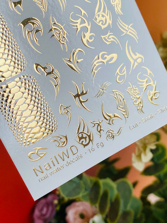 Nail Water Decal 16 NailWD | Water Slide Nail Decals with Gold Tribal and Snake Patterns | Edgy Nail Art Designs