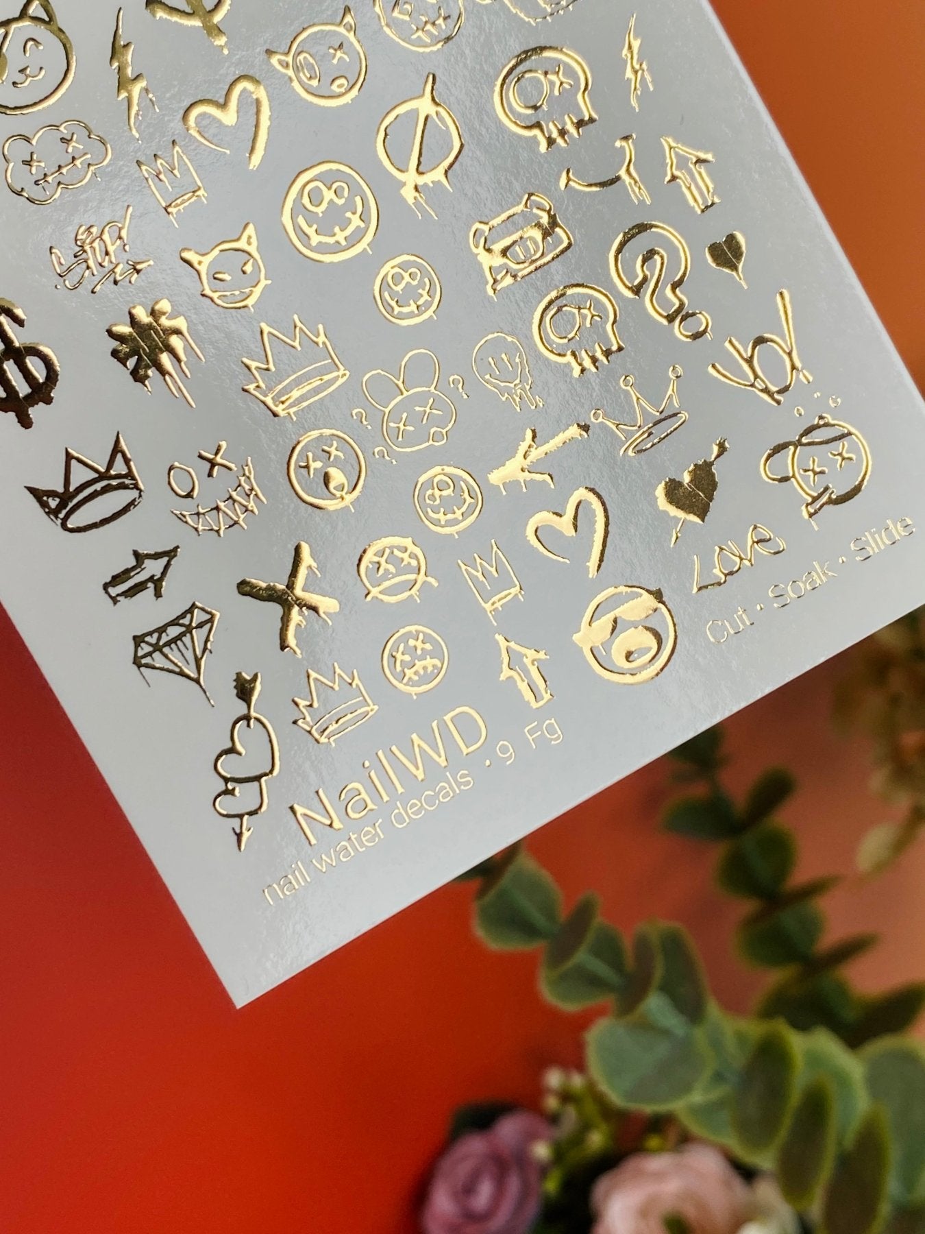 Nail Water Decal 9 NailWD | Water Slide Nail Decals with Gold Graffiti Icons | Street Style Nail Art - UASLIDER