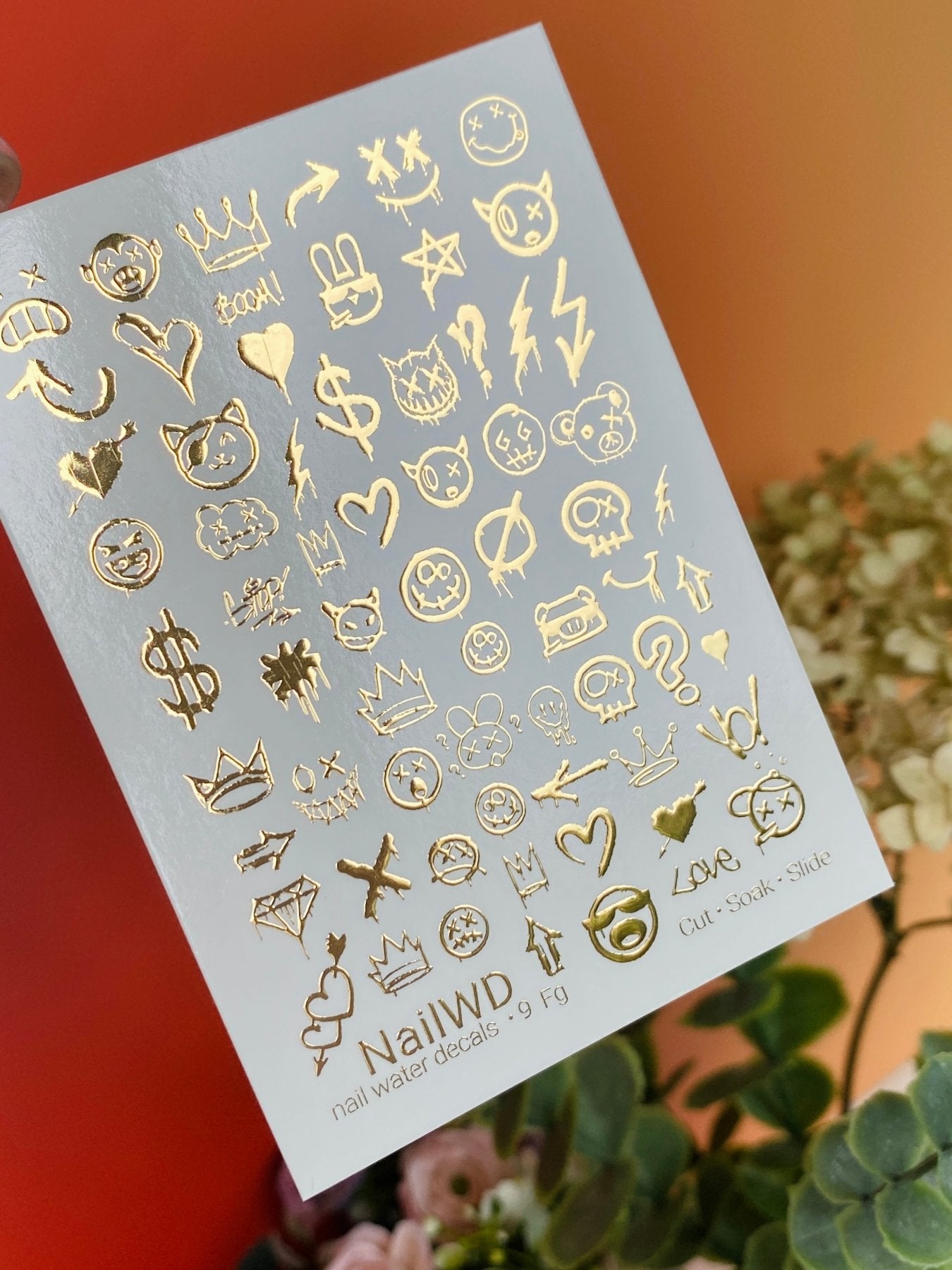 Nail Water Decal 9 NailWD | Water Slide Nail Decals with Gold Graffiti Icons | Street Style Nail Art - UASLIDER