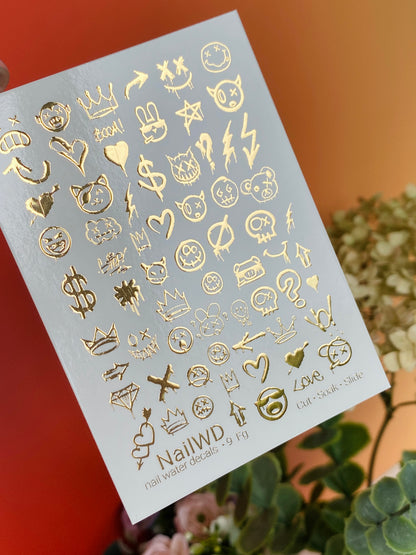 Nail Water Decal 9 NailWD | Water Slide Nail Decals with Gold Graffiti Icons | Street Style Nail Art