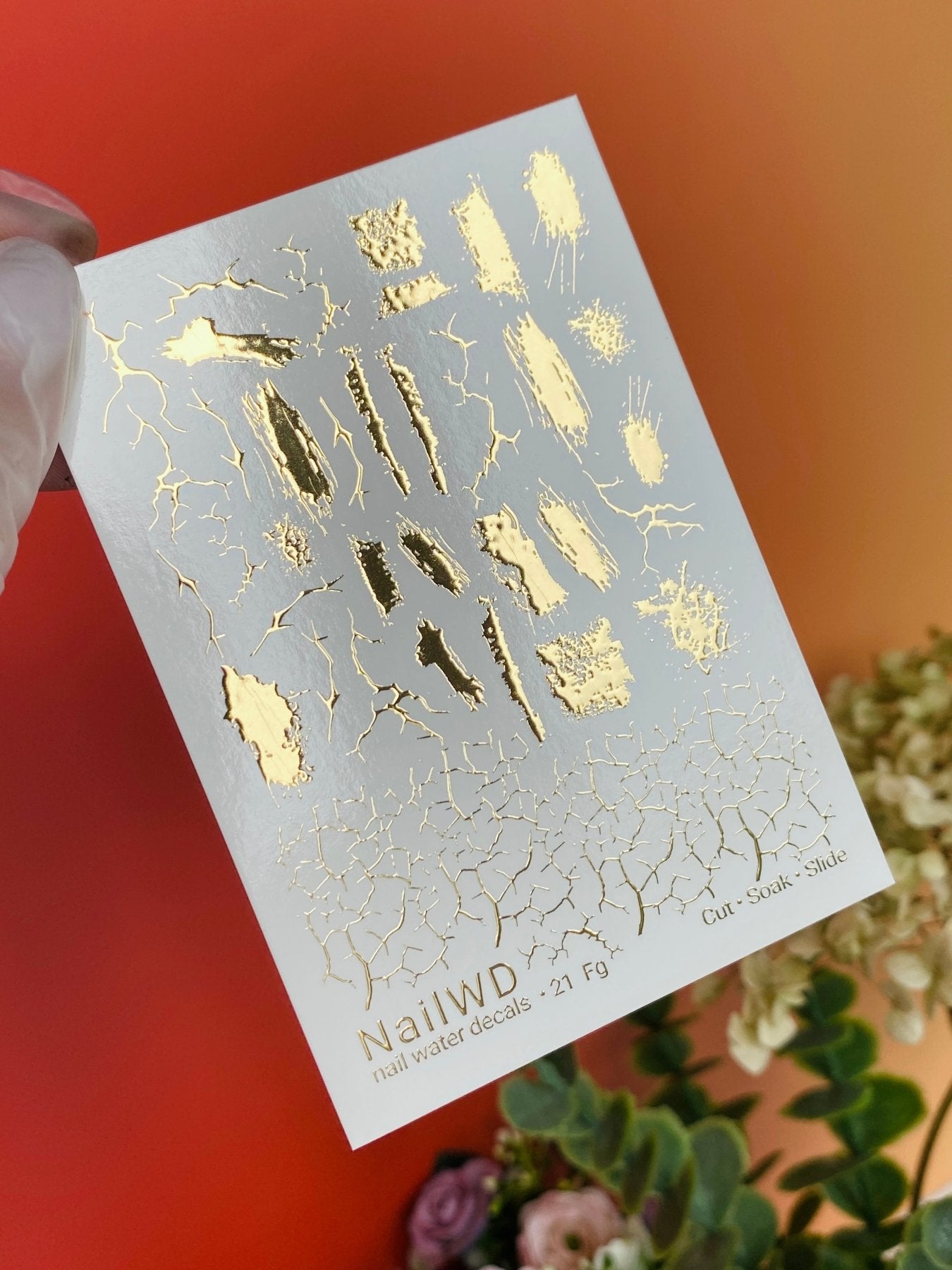 Nail Water Decal 21 NailWD | Water Slide Nail Decals with Gold Brush Strokes and Cracks | Abstract Texture Nail Art - UASLIDER