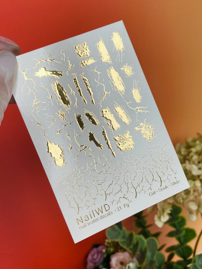 Nail Water Decal 21 NailWD | Water Slide Nail Decals with Gold Brush Strokes and Cracks | Abstract Texture Nail Art