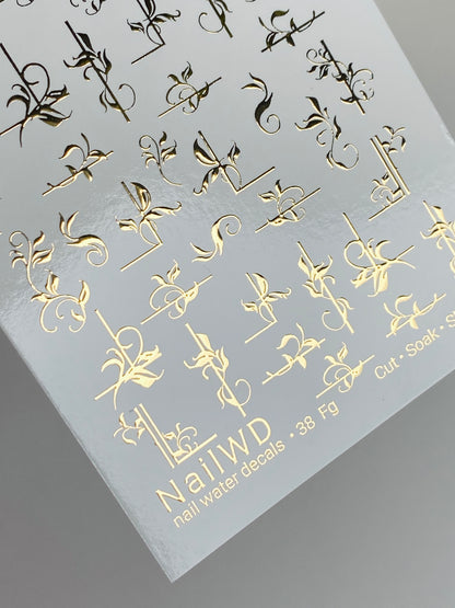 Nail Water Decal 38 NailWD | Floral Water Slide Nail Decals | Gold Foil Elegant Vines