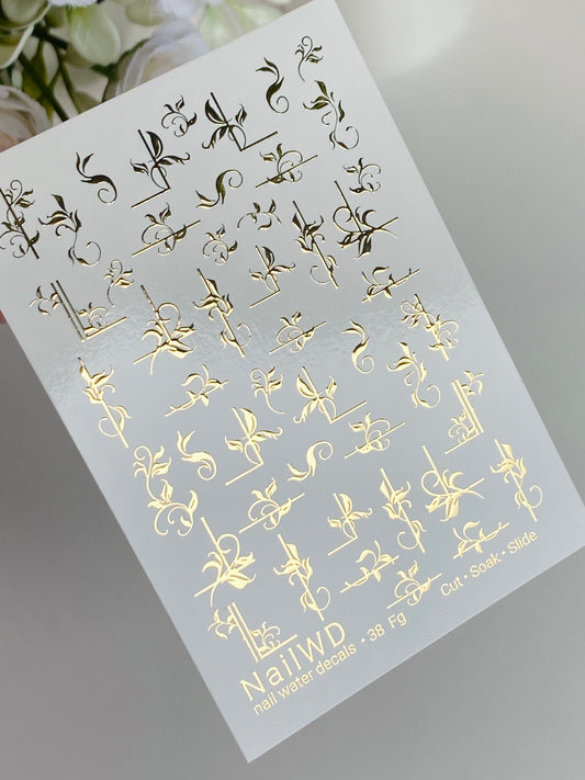 Nail Water Decal 38 NailWD | Floral Water Slide Nail Decals | Gold Foil Elegant Vines