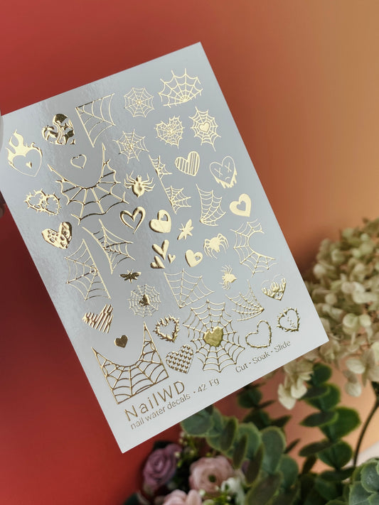 Nail Water Decal 42 NailWD | Gothic Water Slide Nail Decals | Gold Foil Hearts & Spider Webs