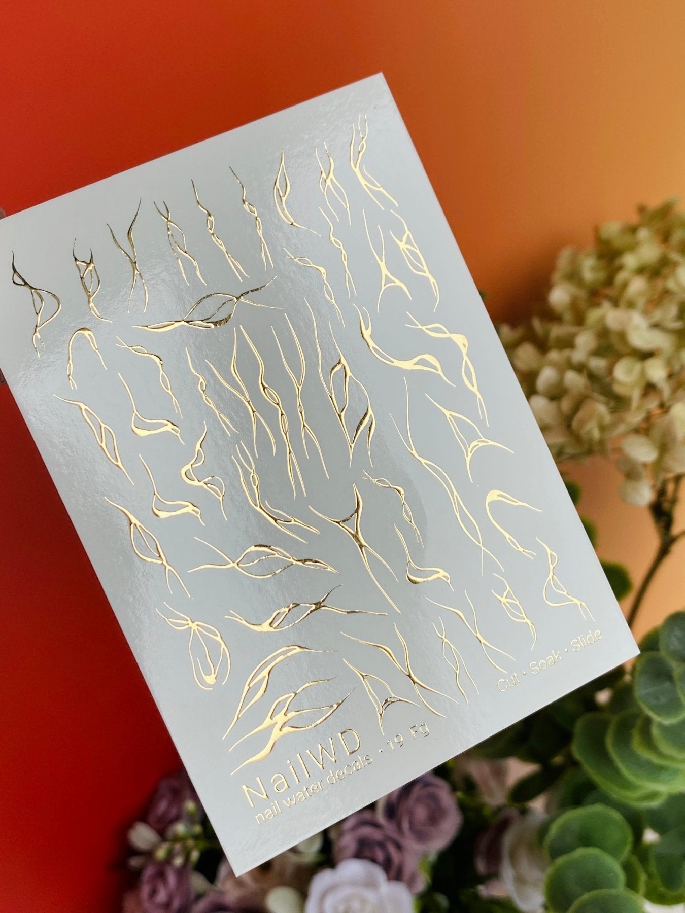 Nail Water Decal 19 NailWD | Water Slide Nail Decals with Gold Abstract Flames | Flowing Line Nail Art - UASLIDER