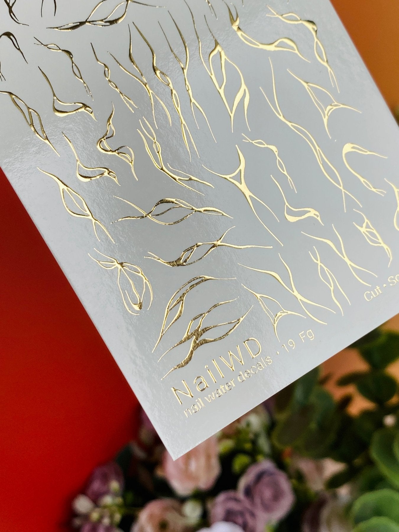 Nail Water Decal 19 NailWD | Water Slide Nail Decals with Gold Abstract Flames | Flowing Line Nail Art - UASLIDER