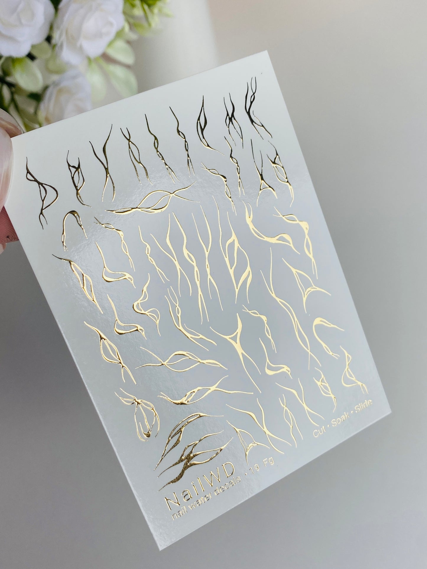 Nail Water Decal 19 NailWD | Water Slide Nail Decals with Gold Abstract Flames | Flowing Line Nail Art