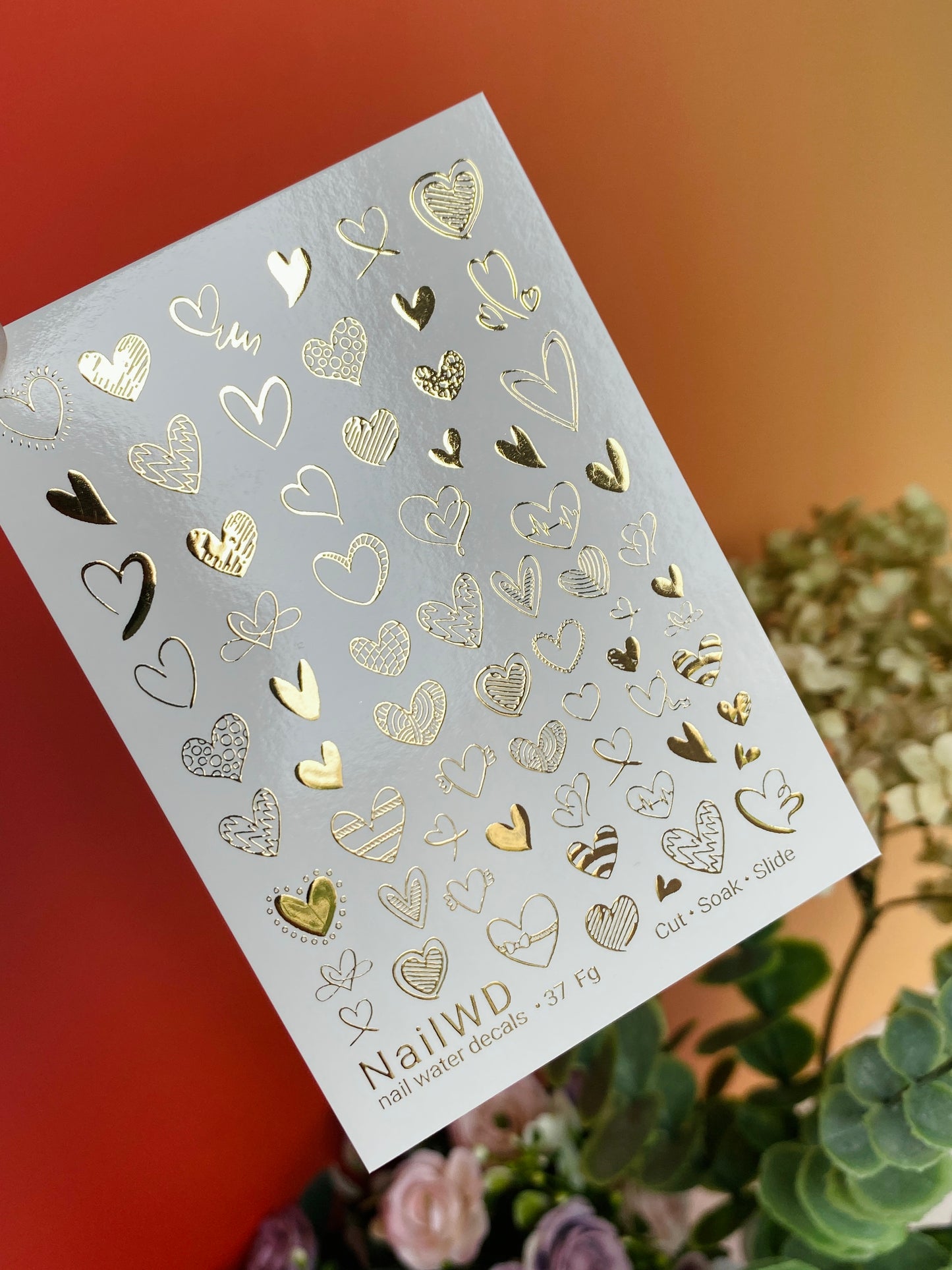Nail Water Decal 37 NailWD | Heart Water Slide Nail Decals | Gold Foil Romantic Nail Art