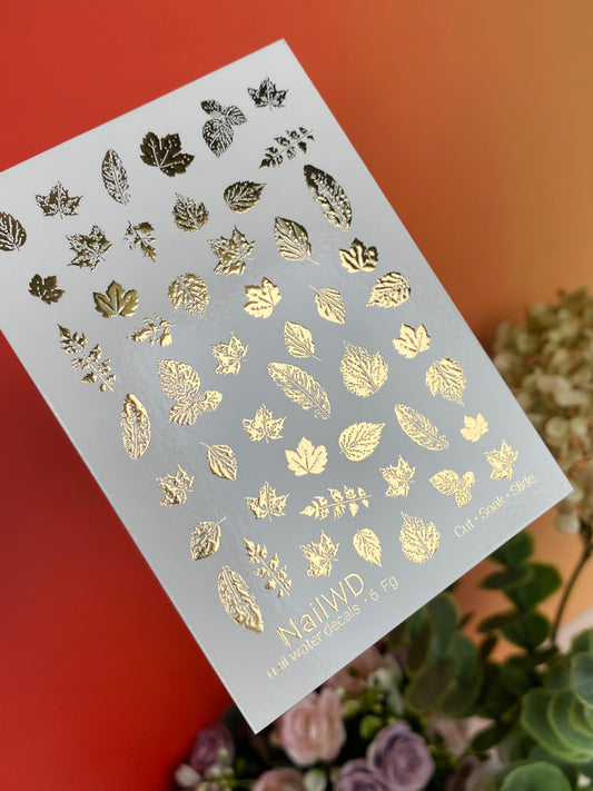 Nail Water Decal 6 NailWD | Water Slide Nail Decals with Gold Leaves | Autumn Botanical Nail Art