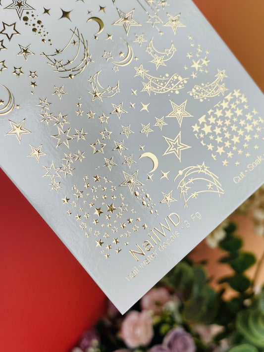 Nail Water Decal 3 NailWD | Water Slide Nail Decals with Gold Stars and Moons | Celestial Nail Art