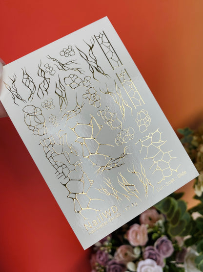 Nail Water Decal 17 NailWD | Water Slide Nail Decals with Gold Abstract Patterns | Cracks and Bubble Nail Art