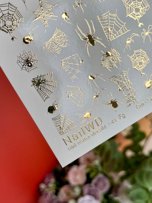 Nail Water Decal 41 NailWD | Halloween Water Slide Nail Decals | Gold Foil Spiders & Webs