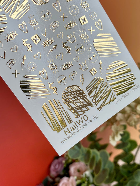 Nail Water Decal 8 NailWD | Water Slide Nail Decals with Gold Symbols | Abstract Graphic Nail Art