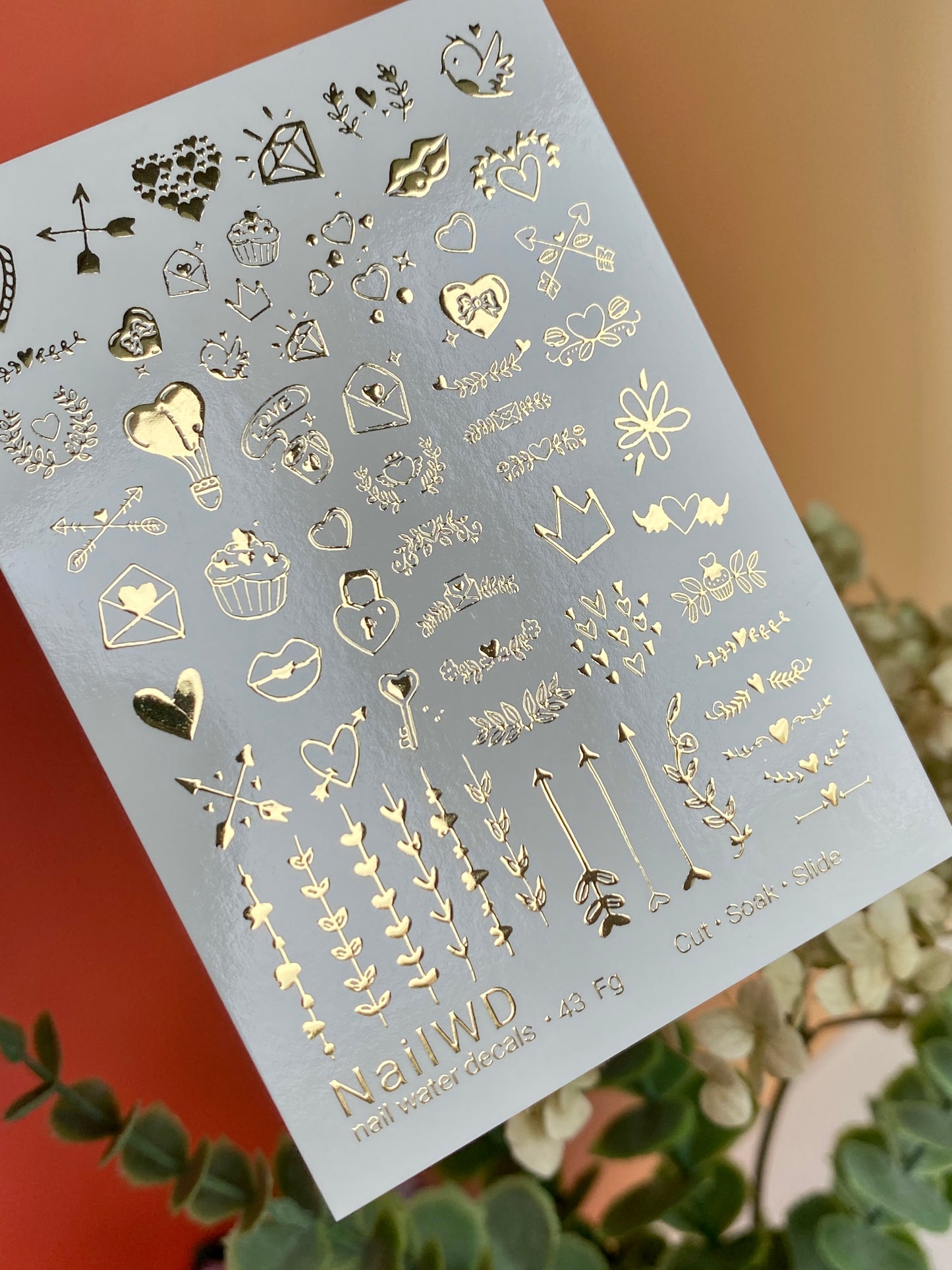 Nail Water Decal 43 NailWD | Valentine’s Day Nail Water Decals | Gold Foil Hearts & Cupid Arrows