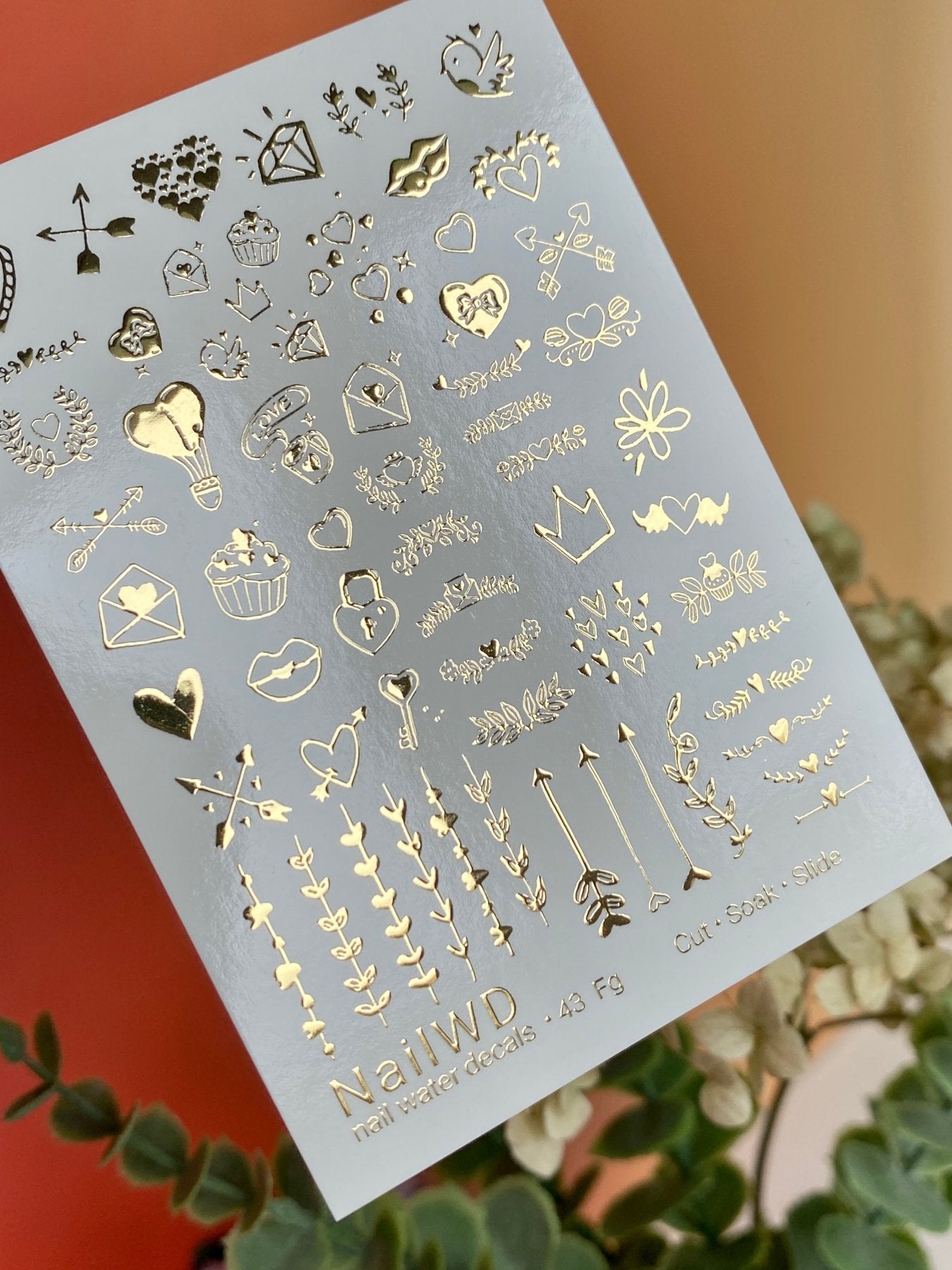 Nail Water Decal 43 NailWD | Valentine’s Day Nail Water Decals | Gold Foil Hearts & Cupid Arrows - UASLIDER