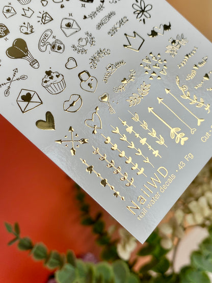 Nail Water Decal 43 NailWD | Valentine’s Day Nail Water Decals | Gold Foil Hearts & Cupid Arrows