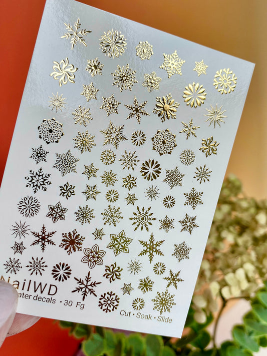 Nail Water Decal 30 NailWD | Water Slide Nail Decals Snowflakes | Gold Foil Winter Nail Art