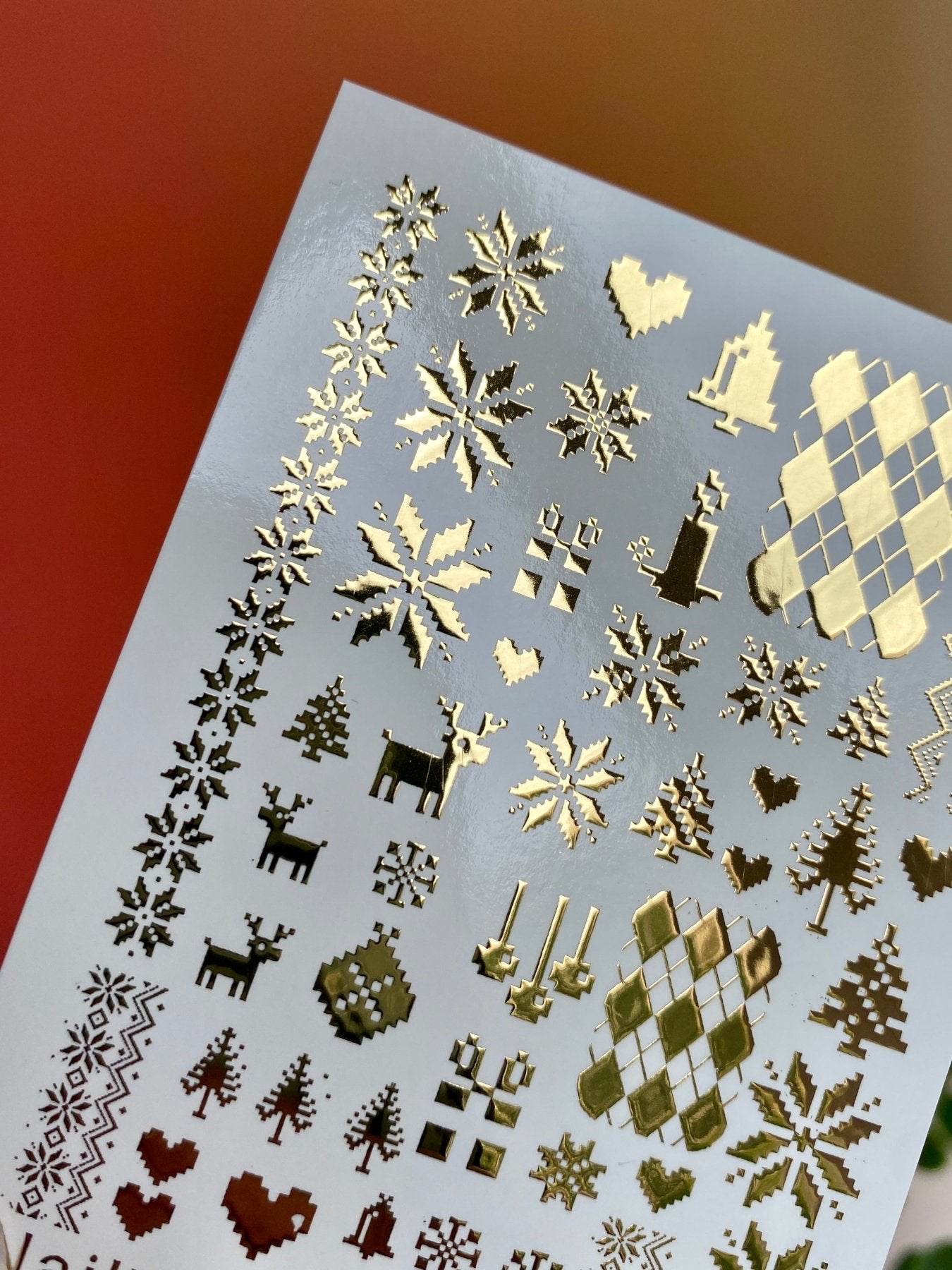 Nail Water Decal 25 NailWD | Water Slide Nail Decals with Gold Snowflakes and Reindeer | Christmas Sweater Style Nail Art - UASLIDER