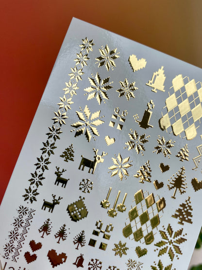 Adesivo per unghie ad acqua 25 NailWD | Adesivi per unghie a scivolamento ad acqua con fiocchi di neve dorati e renne | Nail art stile maglione di Natale