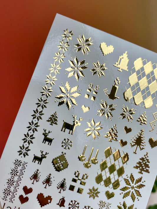 Nail Water Decal 25 NailWD | Water Slide Nail Decals with Gold Snowflakes and Reindeer | Christmas Sweater Style Nail Art