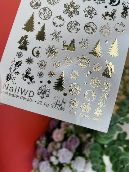 Nagų vandens lipdukas 32 NailWD | Kalėdiniai vandens slankiojantys nagų lipdukai | Auksinės folijos snaigės ir medžiai