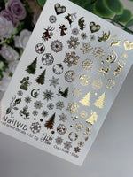 Nail Water Decal 32 NailWD | Christmas Water Slide Nail Decals | Gold Foil Snowflakes & Trees - UASLIDER