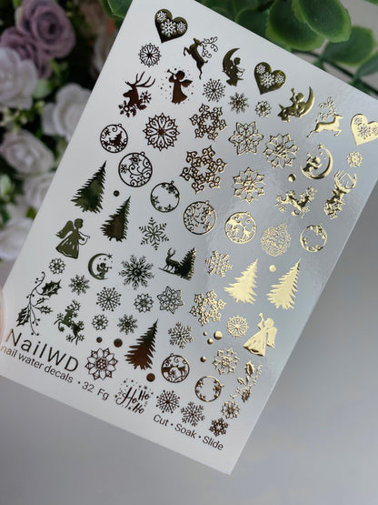 Nagų vandens lipdukas 32 NailWD | Kalėdiniai vandens slankiojantys nagų lipdukai | Auksinės folijos snaigės ir medžiai