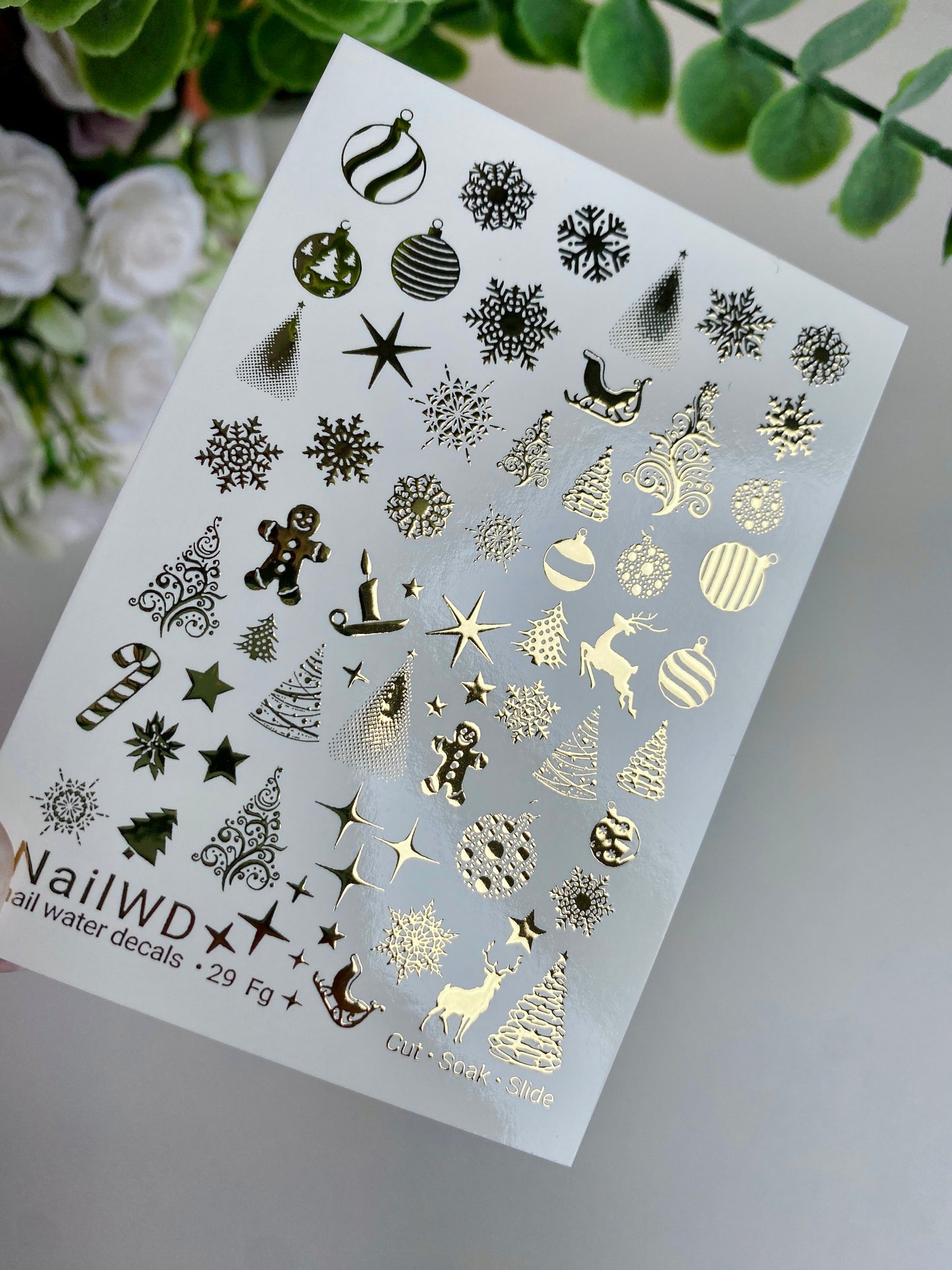 Nail Water Decal 29 NailWD | Water Slide Nail Decals with Gold Christmas Ornaments | Snowflakes, Trees, Reindeer & Stars