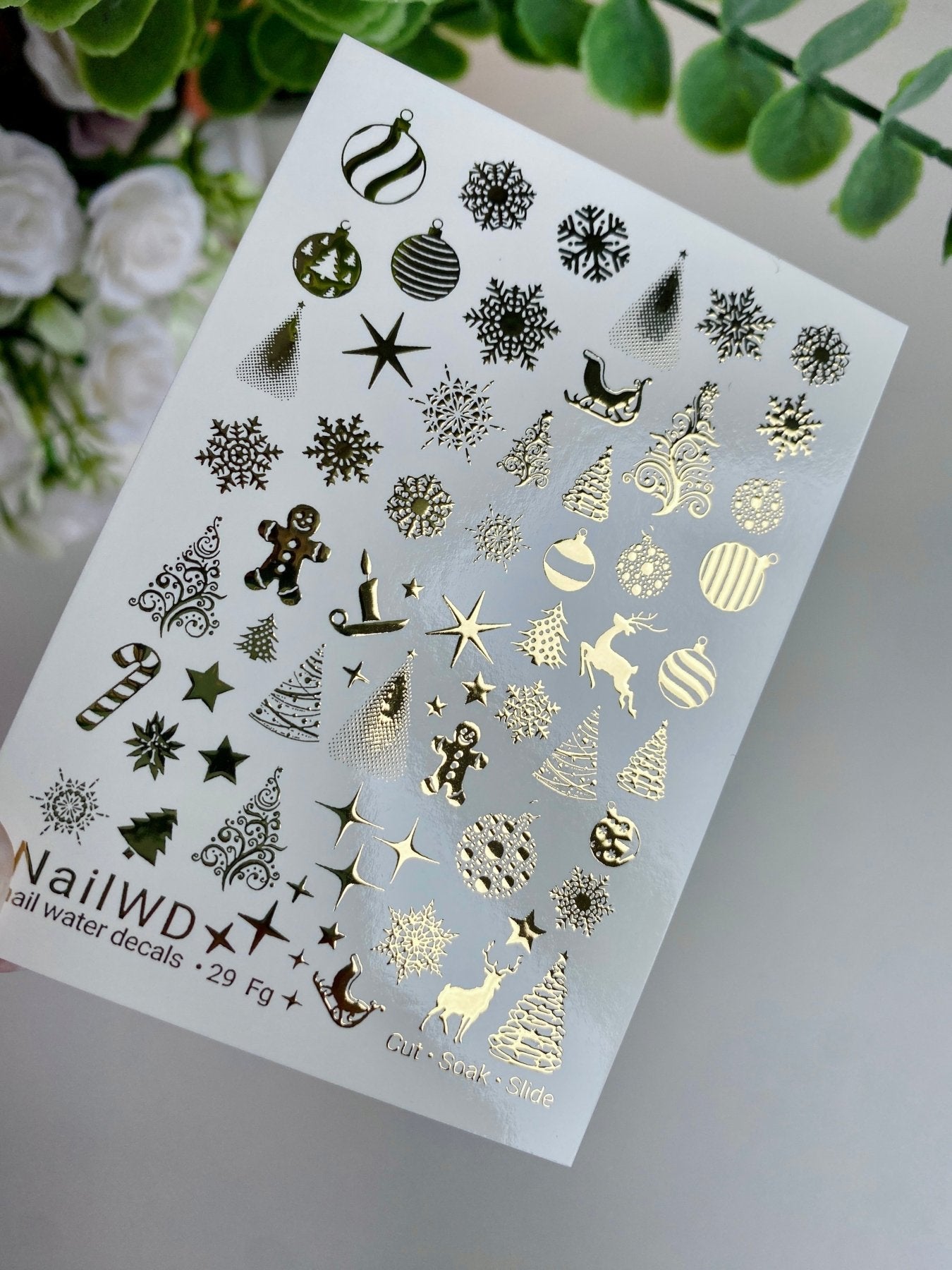 Nail Water Decal 29 NailWD | Water Slide Nail Decals with Gold Christmas Ornaments | Snowflakes, Trees, Reindeer & Stars - UASLIDER