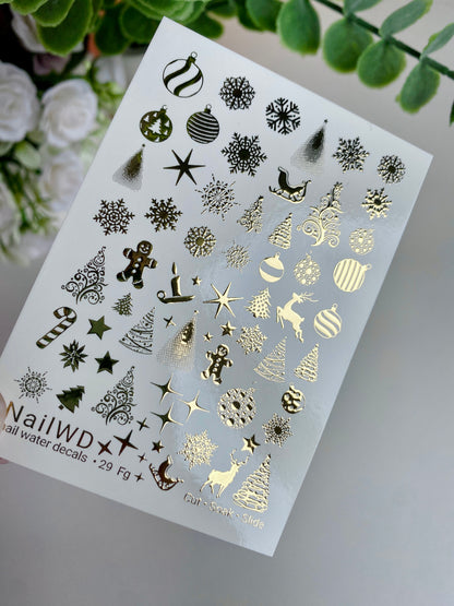 Nail Water Decal 29 NailWD | Water Slide Nail Decals with Gold Christmas Ornaments | Snowflakes, Trees, Reindeer & Stars