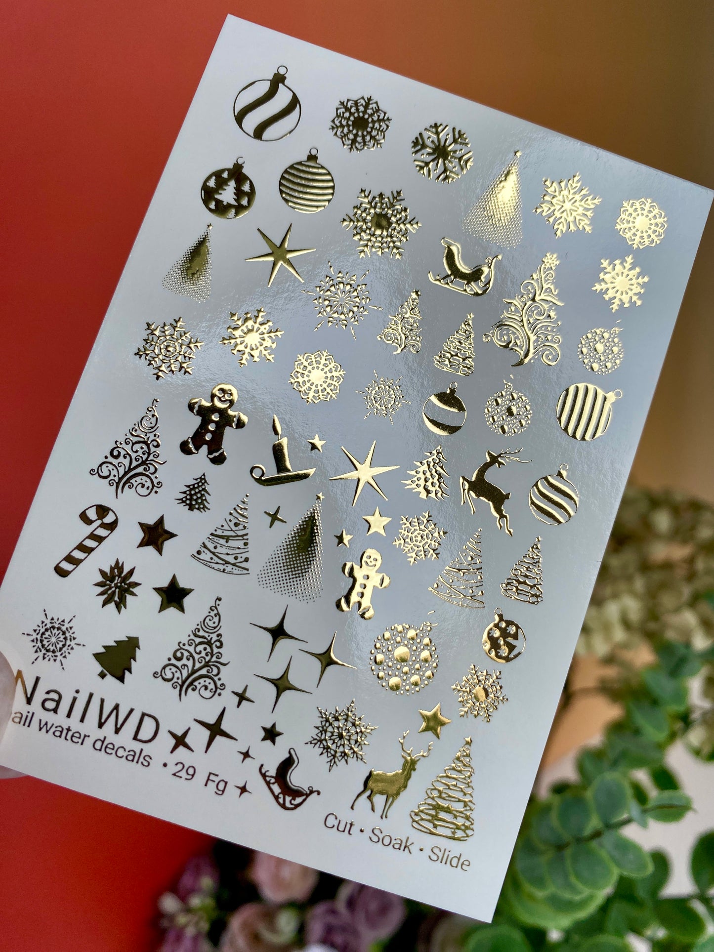 Nail Water Decal 29 NailWD | Water Slide Nail Decals with Gold Christmas Ornaments | Snowflakes, Trees, Reindeer & Stars