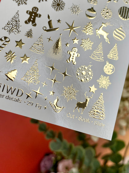 Nail Water Decal 29 NailWD | Water Slide Nail Decals with Gold Christmas Ornaments | Snowflakes, Trees, Reindeer & Stars