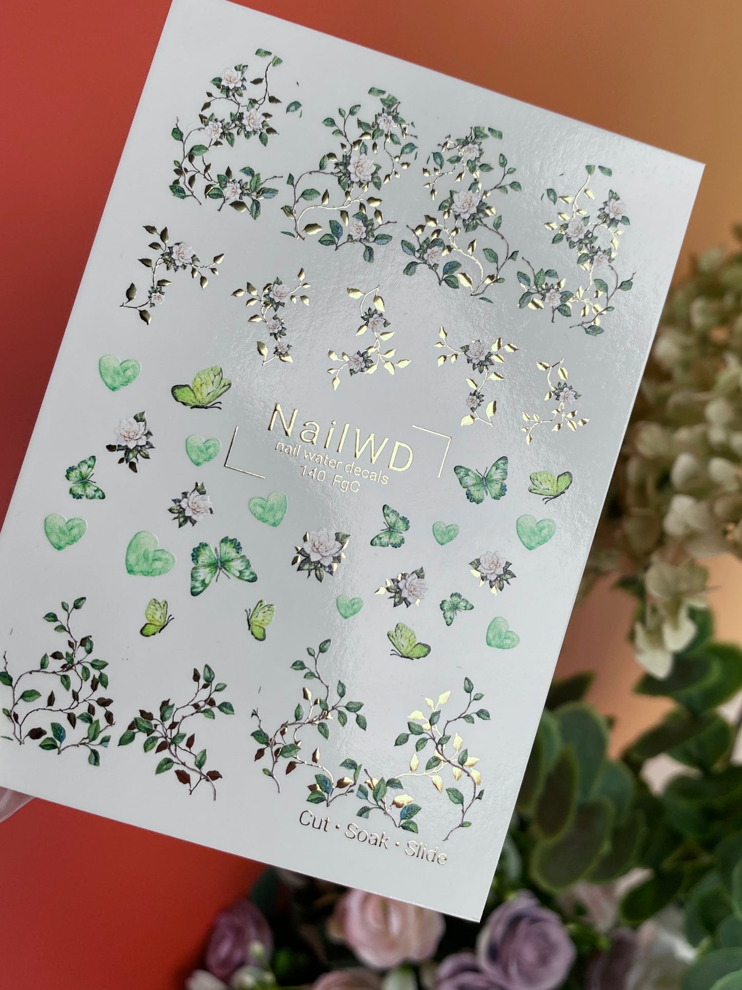Nail Water Decal 140 NailWD | Water Slide Nail Decals Green Butterflies & Flowers | Botanical Romantic Design